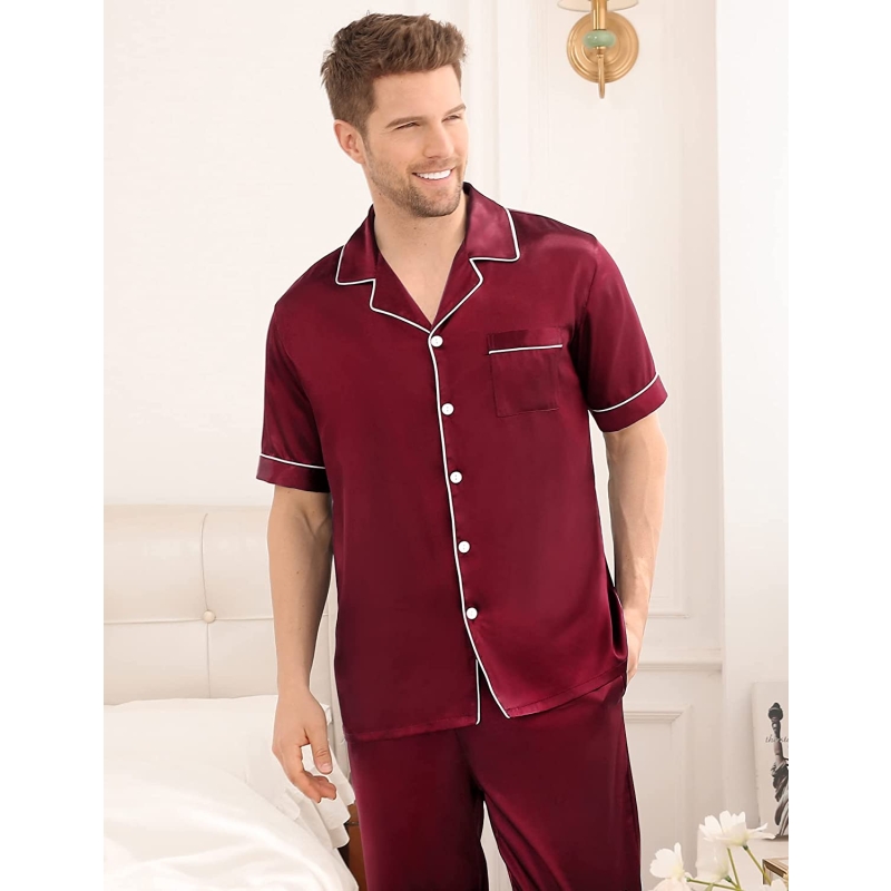 SWOMOG Men's Silk Satin Pajama Set Short Sleeve Classic Sleepwear Button Down Loungewear with Long Pants - Image 2